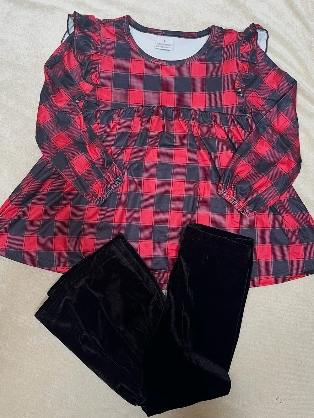 Girls Red and Black Plaid Cold-Shoulder Top with Black Velvet Pants